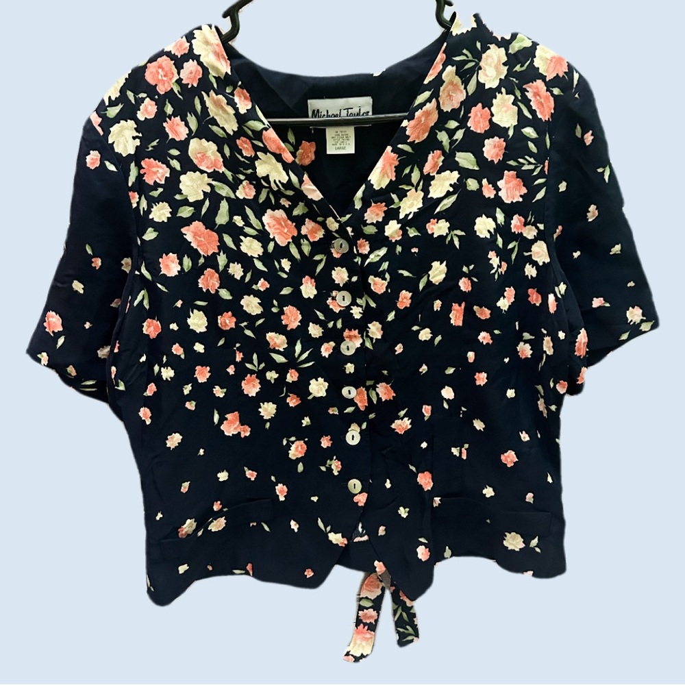 Michael Taylor Navy Floral Blouse with Pink Accents size L